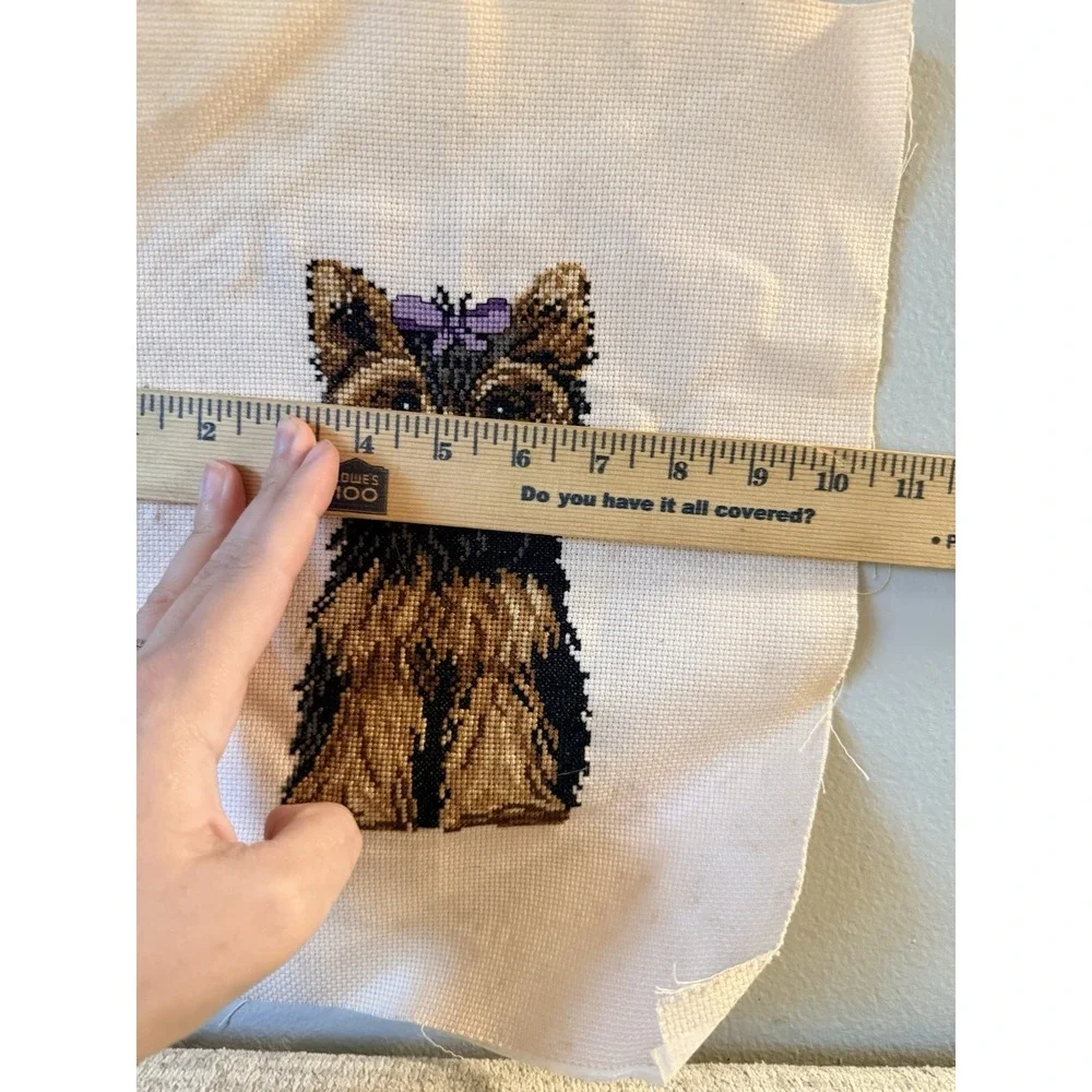Vintage Complete Counted Cross Stitch Yorkshire Terrier Bow Dog Puppy Yorkie